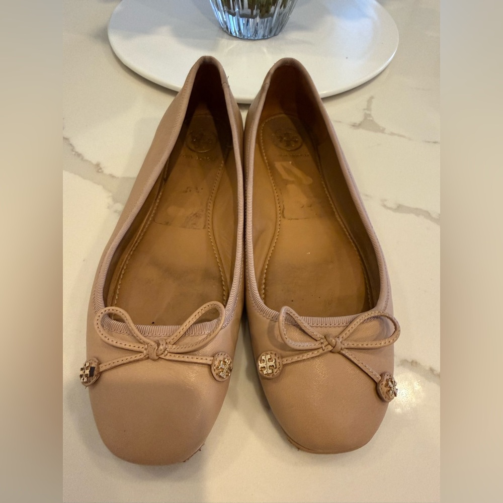 Tory Burch Authentic Pink-Beige Leather Bow Ballet Flats 7.5